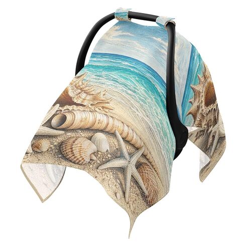 Seashell Beach Pattern Baby Car Seat Cover Infant Carseat Cover | Muslin-like Cotton Blend, Breathable, Multi-use, Newborn Essentials Must Haves, Fits Most Strollers, for Babies Boys Girls in Kuwait
