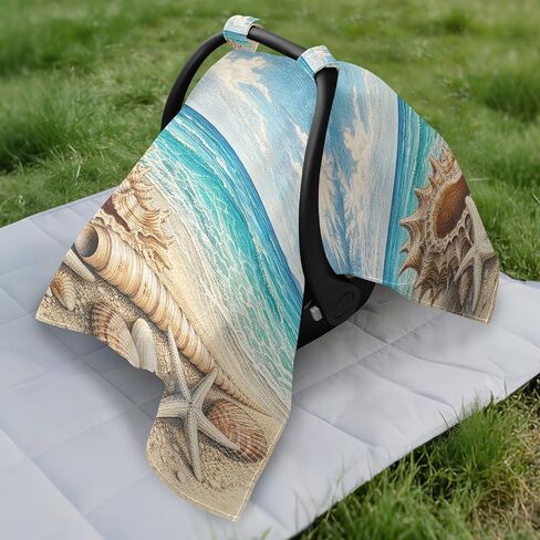 Seashell Beach Pattern Baby Car Seat Cover Infant Carseat Cover | Muslin-like Cotton Blend, Breathable, Multi-use, Newborn Essentials Must Haves, Fits Most Strollers, for Babies Boys Girls in Kuwait