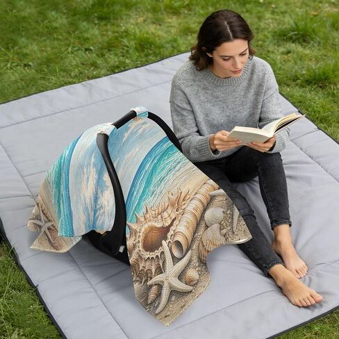 Seashell Beach Pattern Baby Car Seat Cover Infant Carseat Cover | Muslin-like Cotton Blend, Breathable, Multi-use, Newborn Essentials Must Haves, Fits Most Strollers, for Babies Boys Girls in Kuwait