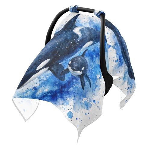 Whales Ocean Pattern Baby Car Seat Cover Infant Carseat Cover | Muslin-like Cotton Blend, Breathable, Multi-use, Newborn Essentials Must Haves, Fits Most Strollers, for Babies Boys Girls in Kuwait