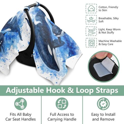 Whales Ocean Pattern Baby Car Seat Cover Infant Carseat Cover | Muslin-like Cotton Blend, Breathable, Multi-use, Newborn Essentials Must Haves, Fits Most Strollers, for Babies Boys Girls in Kuwait
