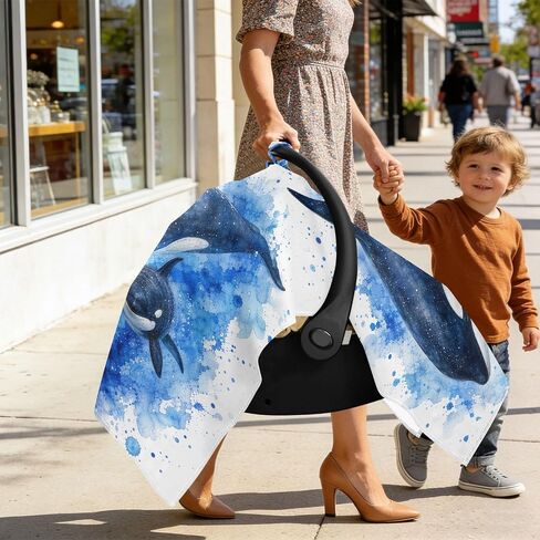 Whales Ocean Pattern Baby Car Seat Cover Infant Carseat Cover | Muslin-like Cotton Blend, Breathable, Multi-use, Newborn Essentials Must Haves, Fits Most Strollers, for Babies Boys Girls in Kuwait