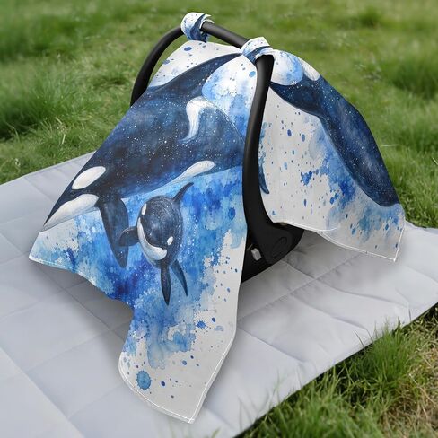 Whales Ocean Pattern Baby Car Seat Cover Infant Carseat Cover | Muslin-like Cotton Blend, Breathable, Multi-use, Newborn Essentials Must Haves, Fits Most Strollers, for Babies Boys Girls in Kuwait