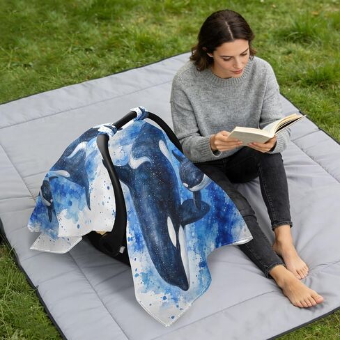 Whales Ocean Pattern Baby Car Seat Cover Infant Carseat Cover | Muslin-like Cotton Blend, Breathable, Multi-use, Newborn Essentials Must Haves, Fits Most Strollers, for Babies Boys Girls in Kuwait