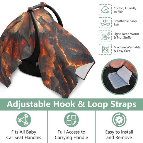Fire Dragon Pattern Baby Car Seat Cover Stroller Sun Shade | Muslin-like Cotton Blend, Breathable, Multi-use, Newborn Essentials Must Haves, Fits Most Strollers, for Babies Boys Girls in Kuwait