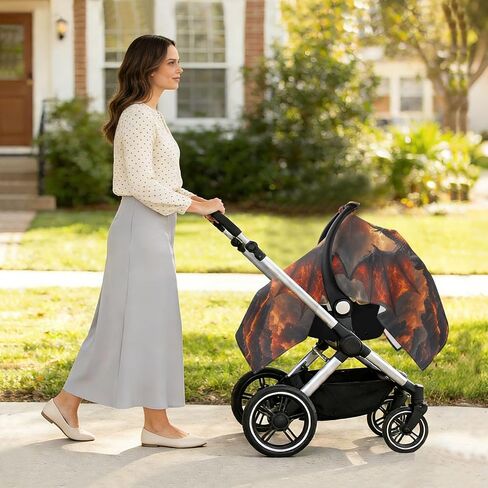 Fire Dragon Pattern Baby Car Seat Cover Stroller Sun Shade | Muslin-like Cotton Blend, Breathable, Multi-use, Newborn Essentials Must Haves, Fits Most Strollers, for Babies Boys Girls in Kuwait