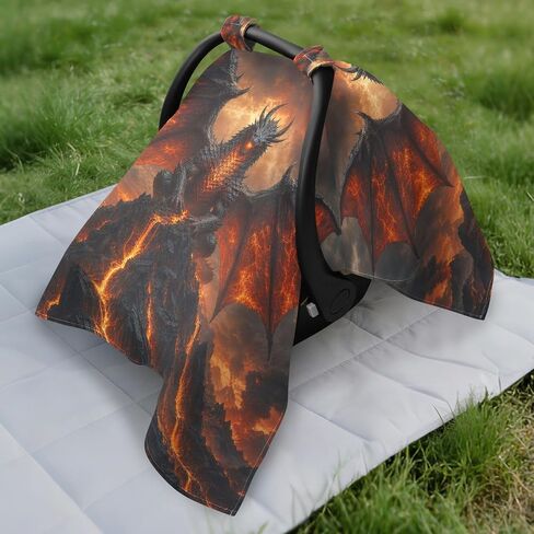 Fire Dragon Pattern Baby Car Seat Cover Stroller Sun Shade | Muslin-like Cotton Blend, Breathable, Multi-use, Newborn Essentials Must Haves, Fits Most Strollers, for Babies Boys Girls in Kuwait