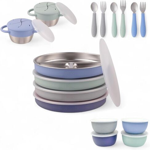 Elk and Friends Kids Stainless Steel Mealtime Bundle | 16 Pcs Dinnerware Set | Plates, Bowls, Snack Cups & Toddler Utensils | Travel Storage Lids | Dishwasher Safe in Kuwait