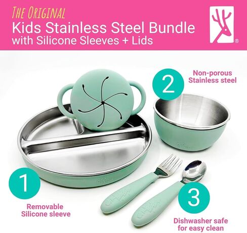 Elk and Friends Kids Stainless Steel Mealtime Bundle | 16 Pcs Dinnerware Set | Plates, Bowls, Snack Cups & Toddler Utensils | Travel Storage Lids | Dishwasher Safe in Kuwait