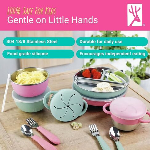 Elk and Friends Kids Stainless Steel Mealtime Bundle | 16 Pcs Dinnerware Set | Plates, Bowls, Snack Cups & Toddler Utensils | Travel Storage Lids | Dishwasher Safe in Kuwait