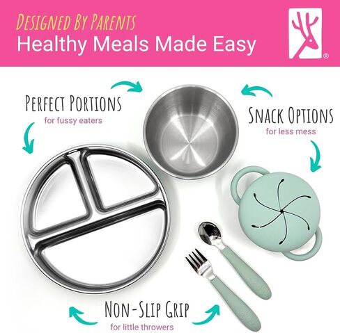 Elk and Friends Kids Stainless Steel Mealtime Bundle | 16 Pcs Dinnerware Set | Plates, Bowls, Snack Cups & Toddler Utensils | Travel Storage Lids | Dishwasher Safe in Kuwait