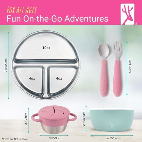 Elk and Friends Kids Stainless Steel Mealtime Bundle | 16 Pcs Dinnerware Set | Plates, Bowls, Snack Cups & Toddler Utensils | Travel Storage Lids | Dishwasher Safe in Kuwait