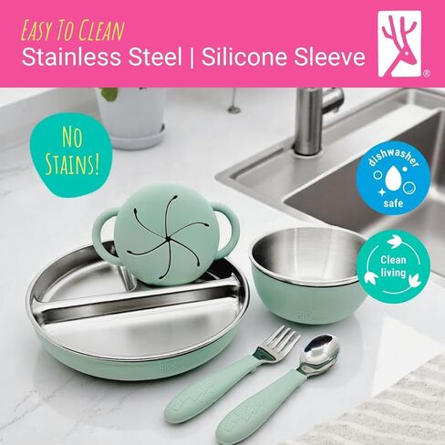 Elk and Friends Kids Stainless Steel Mealtime Bundle | 16 Pcs Dinnerware Set | Plates, Bowls, Snack Cups & Toddler Utensils | Travel Storage Lids | Dishwasher Safe in Kuwait