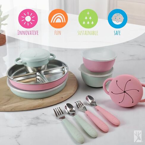 Elk and Friends Kids Stainless Steel Mealtime Bundle | 16 Pcs Dinnerware Set | Plates, Bowls, Snack Cups & Toddler Utensils | Travel Storage Lids | Dishwasher Safe in Kuwait