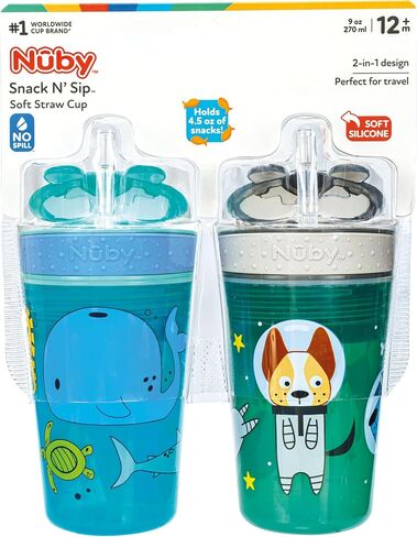 Nuby All in One Snack Bowl and No Spill Soft Straw Cup - 2 Pack Aqua Ocean Animals & Green Puppy Dogs - Snack N' Sip, Holds: 4.5 oz Container with Lid and 9 oz/ 270 ml Straw Cup (12 Months +) | Aqua Ocean Animals & Green Puppy Dogs, Snack N' Sip, 4.5 oz C in Kuwait
