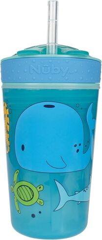 Nuby All in One Snack Bowl and No Spill Soft Straw Cup - 2 Pack Aqua Ocean Animals & Green Puppy Dogs - Snack N' Sip, Holds: 4.5 oz Container with Lid and 9 oz/ 270 ml Straw Cup (12 Months +) | Aqua Ocean Animals & Green Puppy Dogs, Snack N' Sip, 4.5 oz C in Kuwait