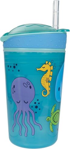 Nuby All in One Snack Bowl and No Spill Soft Straw Cup - 2 Pack Aqua Ocean Animals & Green Puppy Dogs - Snack N' Sip, Holds: 4.5 oz Container with Lid and 9 oz/ 270 ml Straw Cup (12 Months +) | Aqua Ocean Animals & Green Puppy Dogs, Snack N' Sip, 4.5 oz C in Kuwait