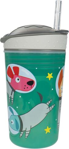 Nuby All in One Snack Bowl and No Spill Soft Straw Cup - 2 Pack Aqua Ocean Animals & Green Puppy Dogs - Snack N' Sip, Holds: 4.5 oz Container with Lid and 9 oz/ 270 ml Straw Cup (12 Months +) | Aqua Ocean Animals & Green Puppy Dogs, Snack N' Sip, 4.5 oz C in Kuwait