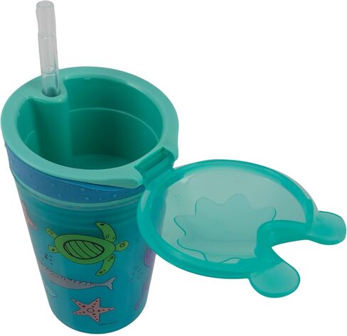 Nuby All in One Snack Bowl and No Spill Soft Straw Cup - 2 Pack Aqua Ocean Animals & Green Puppy Dogs - Snack N' Sip, Holds: 4.5 oz Container with Lid and 9 oz/ 270 ml Straw Cup (12 Months +) | Aqua Ocean Animals & Green Puppy Dogs, Snack N' Sip, 4.5 oz C in Kuwait