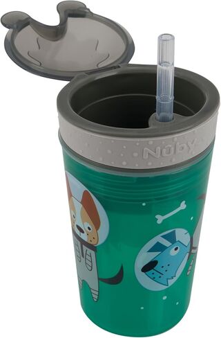 Nuby All in One Snack Bowl and No Spill Soft Straw Cup - 2 Pack Aqua Ocean Animals & Green Puppy Dogs - Snack N' Sip, Holds: 4.5 oz Container with Lid and 9 oz/ 270 ml Straw Cup (12 Months +) | Aqua Ocean Animals & Green Puppy Dogs, Snack N' Sip, 4.5 oz C in Kuwait