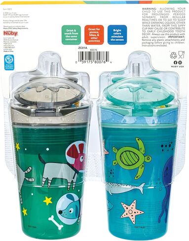 Nuby All in One Snack Bowl and No Spill Soft Straw Cup - 2 Pack Aqua Ocean Animals & Green Puppy Dogs - Snack N' Sip, Holds: 4.5 oz Container with Lid and 9 oz/ 270 ml Straw Cup (12 Months +) | Aqua Ocean Animals & Green Puppy Dogs, Snack N' Sip, 4.5 oz C in Kuwait