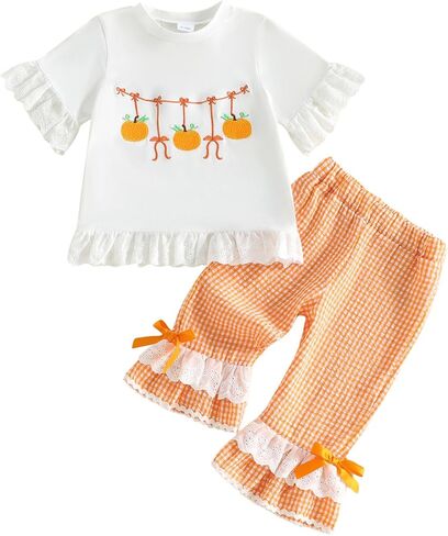 Toddler Baby Girls Halloween Outfits Pumpkin Bell Bottoms Outfit | Toddler Little Girls Halloween Outfit Pumpkin Short Sleeve Tops Plaid Flared Pants Adorable Baby Fall Clothes in Kuwait
