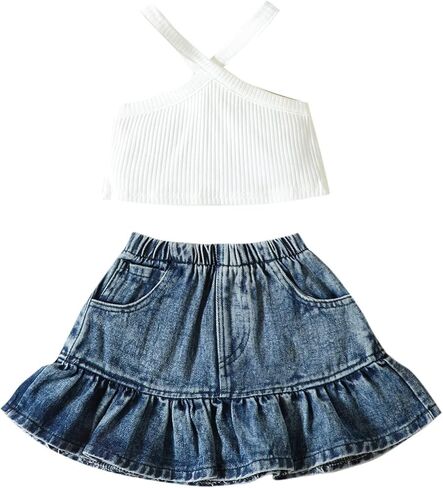 Baby Twins Clothes Toddler Baby Girls Striped Print T-shirt Tops+Suspender Denim Skirts Outfits in Kuwait