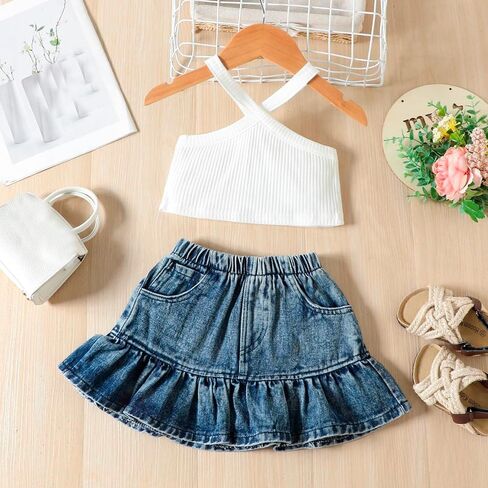 Baby Twins Clothes Toddler Baby Girls Striped Print T-shirt Tops+Suspender Denim Skirts Outfits in Kuwait