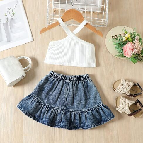 Baby Twins Clothes Toddler Baby Girls Striped Print T-shirt Tops+Suspender Denim Skirts Outfits in Kuwait