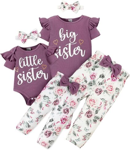 Big Sister Little Sister Matching Outfits Rib Knit Ruffle Short Sleeve Floral Pants Girl Clothes Set 3Pcs in Kuwait