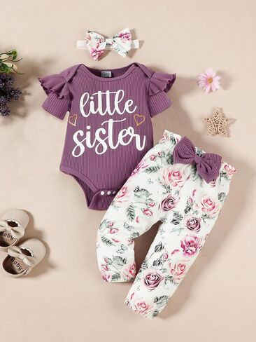 Big Sister Little Sister Matching Outfits Rib Knit Ruffle Short Sleeve Floral Pants Girl Clothes Set 3Pcs in Kuwait