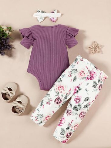Big Sister Little Sister Matching Outfits Rib Knit Ruffle Short Sleeve Floral Pants Girl Clothes Set 3Pcs in Kuwait
