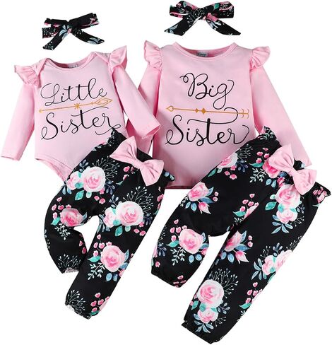 Big Sister Little Sister Matching Outfits Rib Knit Ruffle Short Sleeve Floral Pants Girl Clothes Set 3Pcs in Kuwait