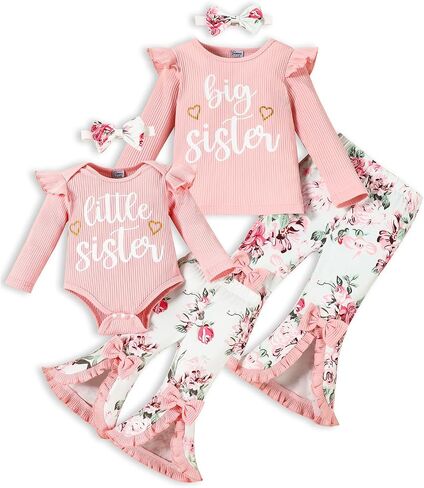 Big Sister Little Sister Matching Outfits Rib Knit Ruffle Short Sleeve Floral Pants Girl Clothes Set 3Pcs in Kuwait
