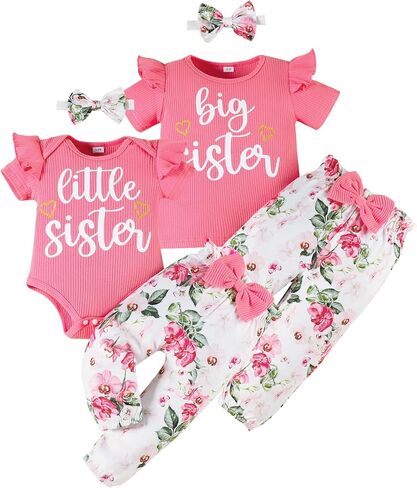 Big Sister Little Sister Matching Outfits Rib Knit Ruffle Short Sleeve Floral Pants Girl Clothes Set 3Pcs in Kuwait