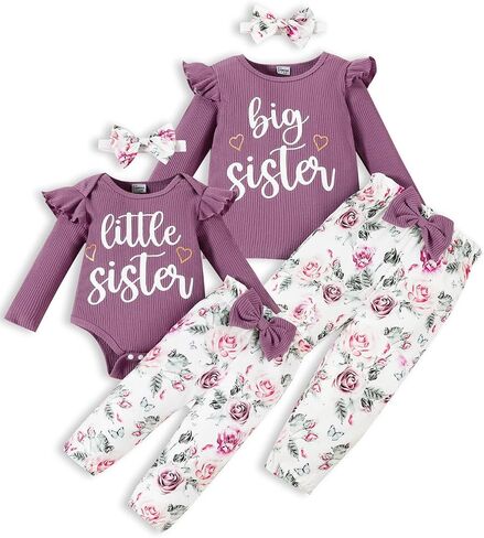 Big Sister Little Sister Matching Outfits Rib Knit Ruffle Short Sleeve Floral Pants Girl Clothes Set 3Pcs in Kuwait
