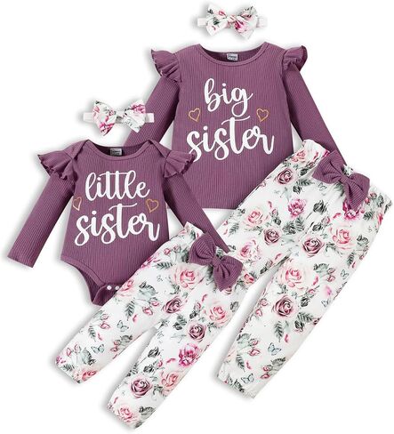 Big Sister Little Sister Matching Outfits Rib Knit Ruffle Short Sleeve Floral Pants Girl Clothes Set 3Pcs in Kuwait