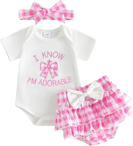 Newborn Baby Girl Summer Clothes I Know I'm Adorable Short Sleeve Romper Plaid Ruffle Shorts Set Infant Bow Outfits in Kuwait