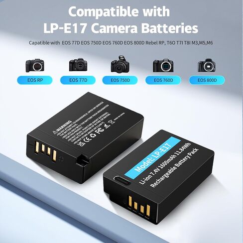 2-Pack LP-E17 Battery, 1600mAh 2026 NEW USB-C R50 Battery Compatible with Canon EOS R100 R50 RP R8 R10, Powershot V1, Rebel T8i T7i T6i T6s SL2 SL3 EOS M3, M5, M6, EOS 200D 77D 750D 760D Cameras in Kuwait