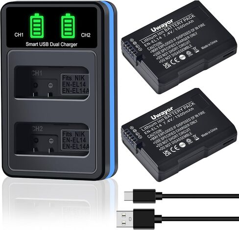 EN-EL14 EN-EL14A Battery and USB Dual Charger Compatible with Nikon D3100, D3200, D3300, D3400, D3500, D5100, D5200, D5300, D5500, D5600, DF, Coolpix P7000, P7100, P7700, P7800 Cameras in Kuwait