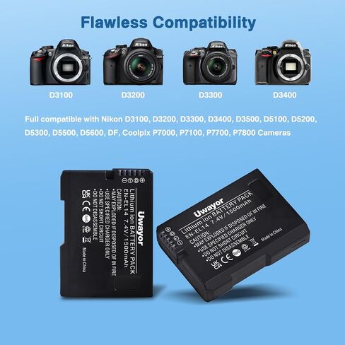 EN-EL14 EN-EL14A Battery and USB Dual Charger Compatible with Nikon D3100, D3200, D3300, D3400, D3500, D5100, D5200, D5300, D5500, D5600, DF, Coolpix P7000, P7100, P7700, P7800 Cameras in Kuwait