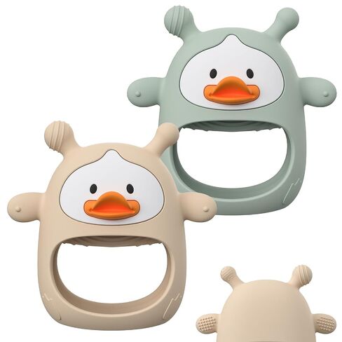 2 Pack Baby Teething Toys for 3-6 6-12 Months, Upgraded Silicone Teething Mitten with Anti-Dropping Wrist Design, Soft Sensory Baby Teether Toys, BPA Free Infant Chew Toys,Green & Nude（Duck） in Kuwait