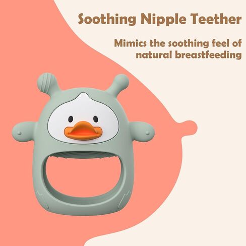 2 Pack Baby Teething Toys for 3-6 6-12 Months, Upgraded Silicone Teething Mitten with Anti-Dropping Wrist Design, Soft Sensory Baby Teether Toys, BPA Free Infant Chew Toys,Green & Nude（Duck） in Kuwait