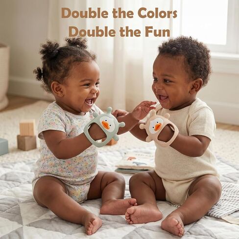 2 Pack Baby Teething Toys for 3-6 6-12 Months, Upgraded Silicone Teething Mitten with Anti-Dropping Wrist Design, Soft Sensory Baby Teether Toys, BPA Free Infant Chew Toys,Green & Nude（Duck） in Kuwait