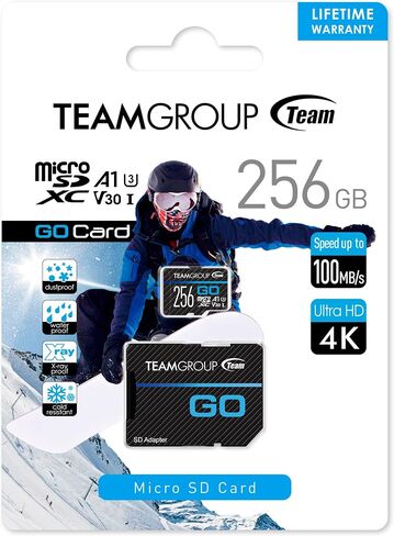 TEAMGROUP GO Card 256GB MicroSDXC UHS-I U3 V30 4K for Action Cameras & Drone High Speed Flash Memory Card with Adapter for Outdoor Sports&Vlog, 4K Shooting,GoPro&Insta360&DJI TGUSDX256GU303 in Kuwait
