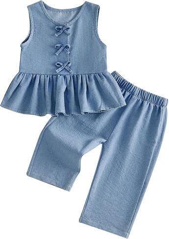Toddler Girl Summer Outfits Sleeveless Bow Front Ruffle Vest Tank Tops Long Pants Baby Denim Clothes in Kuwait