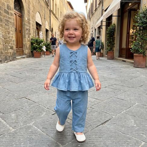Toddler Girl Summer Outfits Sleeveless Bow Front Ruffle Vest Tank Tops Long Pants Baby Denim Clothes in Kuwait