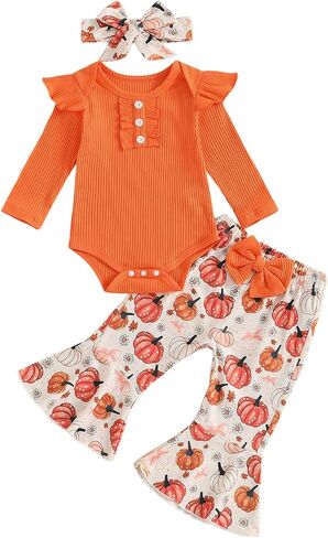 Userdefined Baby Girl Fall Clothes Ruffle Sleeve Ribbed Romper | Bell Bottom Pumpkin Pants Baby Girl Halloween Clothes Set in Kuwait