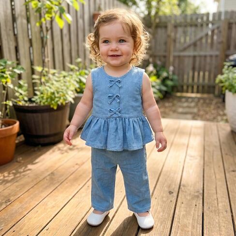 Toddler Girl Summer Outfits Sleeveless Bow Front Ruffle Vest Tank Tops Long Pants Baby Denim Clothes in Kuwait