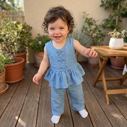 Toddler Girl Summer Outfits Sleeveless Bow Front Ruffle Vest Tank Tops Long Pants Baby Denim Clothes in Kuwait